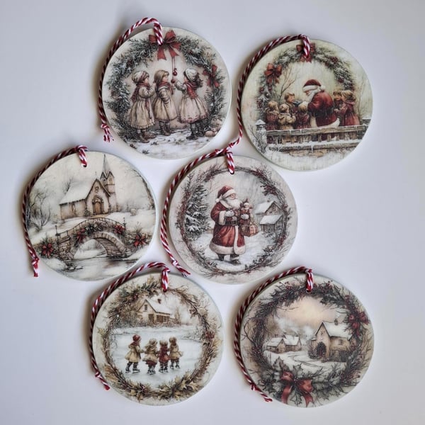 Set of 6 Vintage Christmas Ornaments, Decoupaged Wooden Slice Tree Decor
