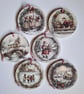 Set of 6 Vintage Christmas Ornaments, Decoupaged Wooden Slice Tree Decor