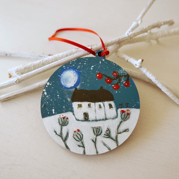 SALE Hand Painted Christmas Decoration, Winter Landscape Art