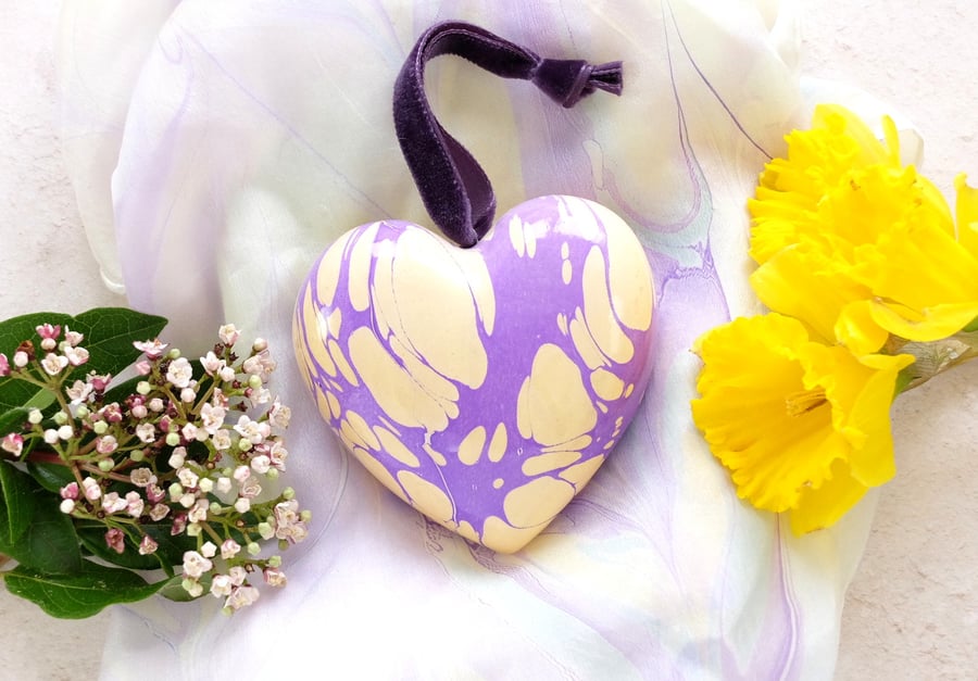 Marbled heart hanging ceramic decoration in purple and yellow