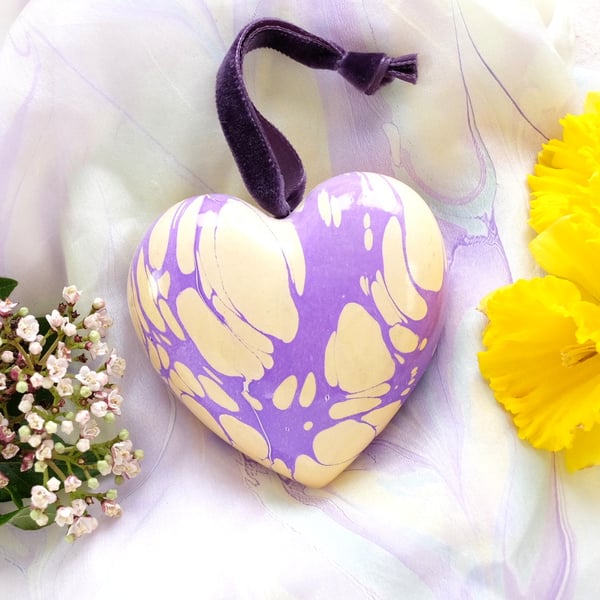 Marbled heart hanging ceramic decoration in purple and yellow