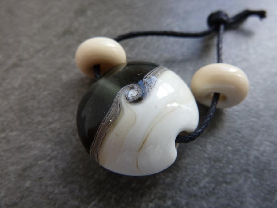 lampwork glass beads, grey and ivory focal
