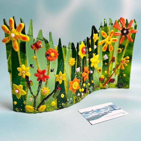 Fused Glass Wavy Panel - Large - Green - Orange - Yellow