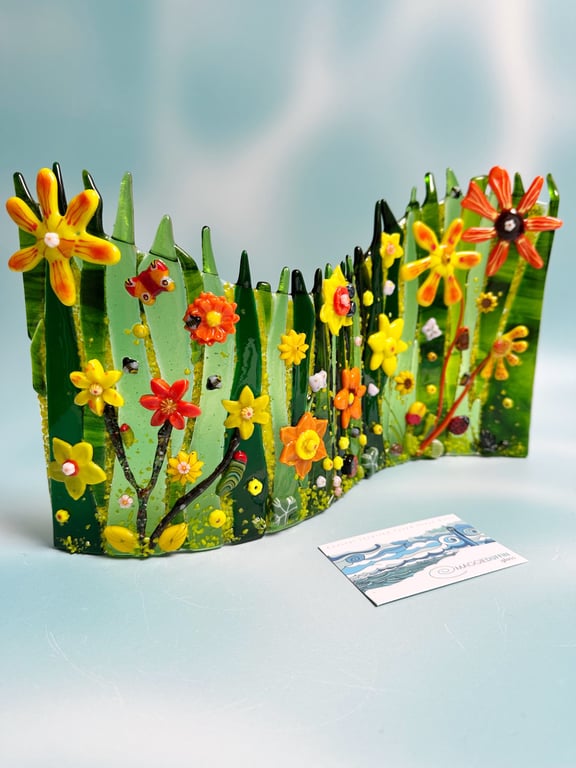 Fused Glass Wavy Panel - Large - Green - Orange - Yellow