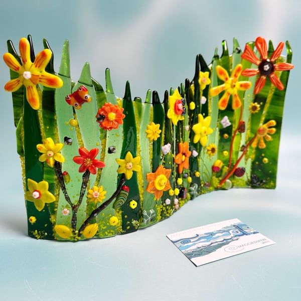 Fused Glass Wavy Panel - Large - Green - Orange - Yellow