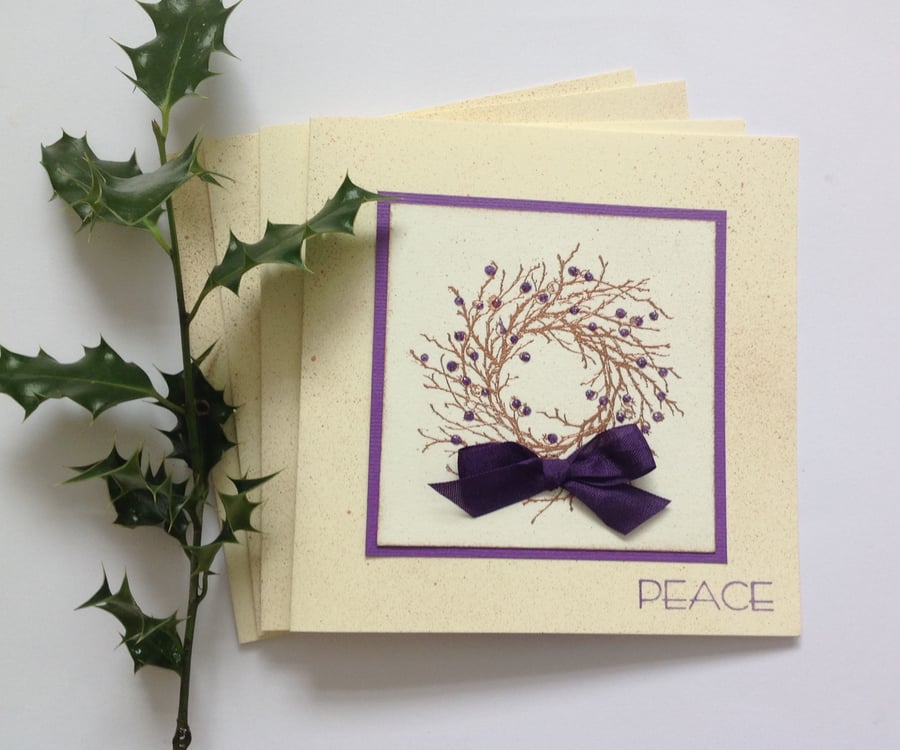 CHRISTMAS CARDS, pack of 4 , 'Peace' ( ivory, copper ,purple )..ready to ship ..