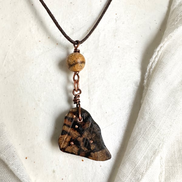 Small Cherry Wood Pendant Inlaid with Copper