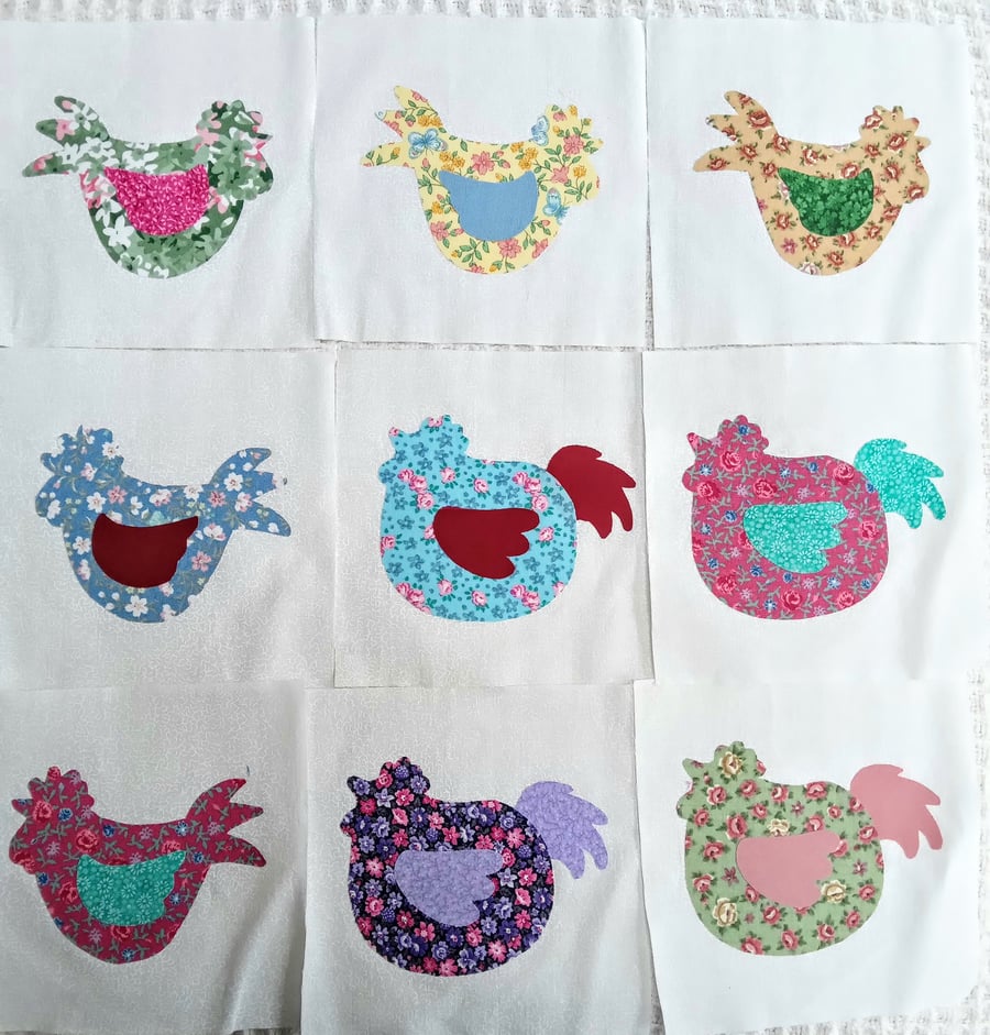 9 appliqued CHICKEN blocks for patchwork projects