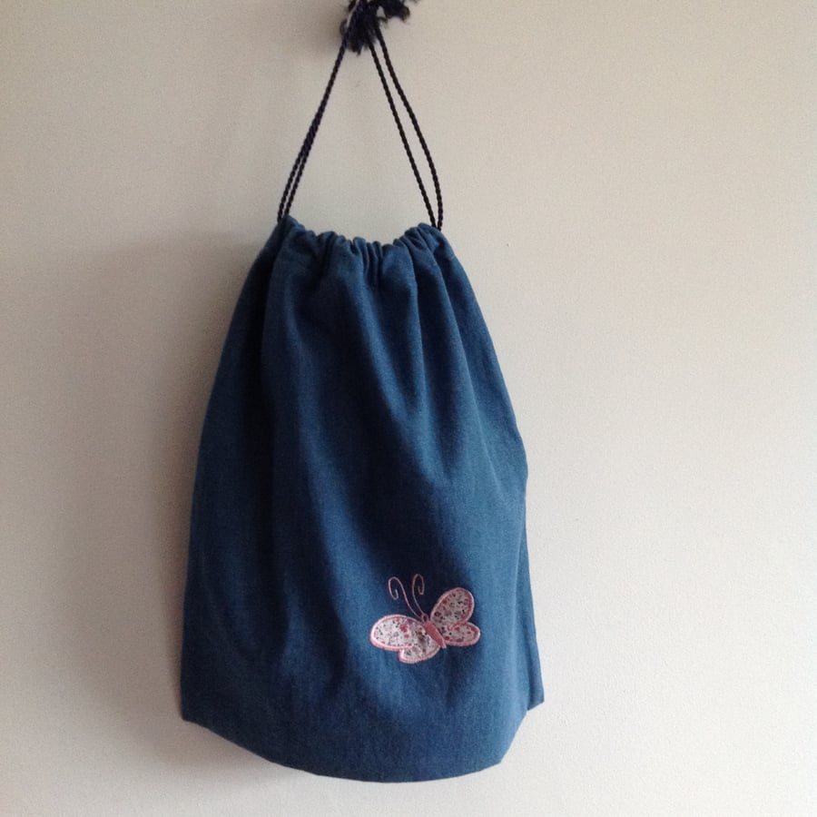 Denim Drawstring Bag with a Pink Butterfly