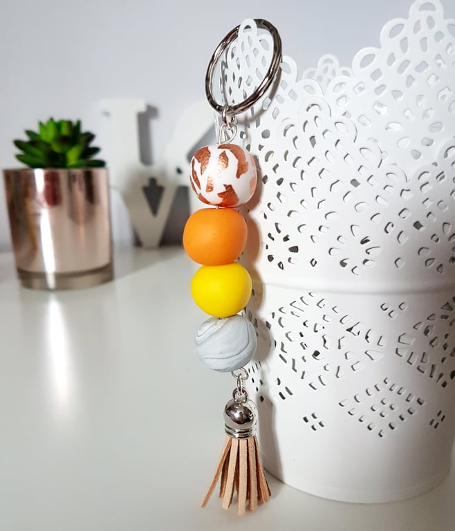 "Sugar Free" Geometric modern round beaded Keyring - Orange, yellow, grey