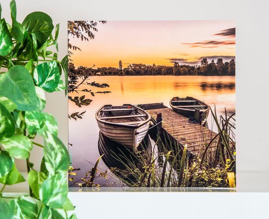 Rowing Boats Lake Sunrise Blank Greetings Card jetty water dawn Wiltshire UK  