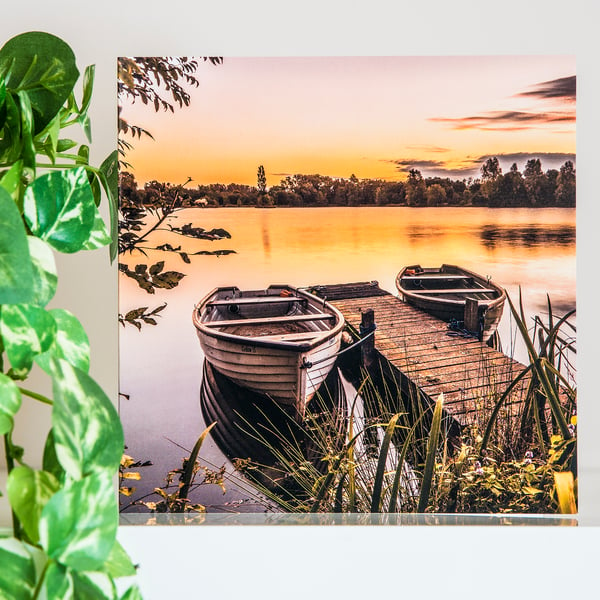 Rowing Boats Lake Sunrise Blank Greetings Card jetty water dawn Wiltshire UK  