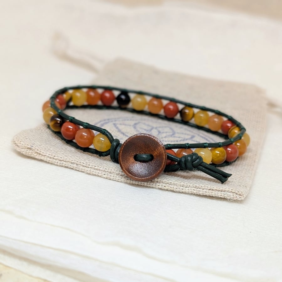 Autumn gemstone and leather bracelet, unisex bracelet 