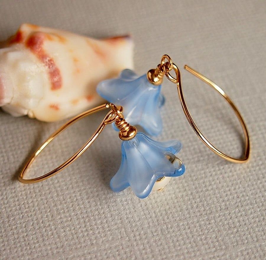 Blue Glass Flower Earrings, Freshwater Pearl Earrings,14kt Gold Filled