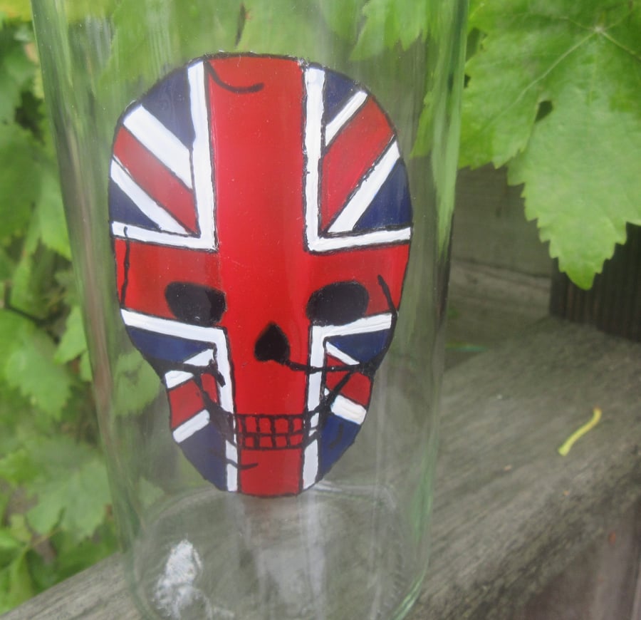 Bottle with stopper with hand painted Union Jack skull