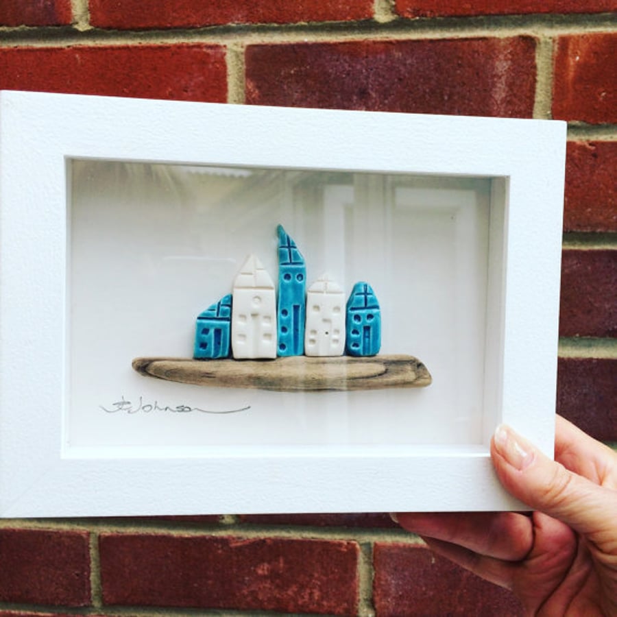 Ceramic Houses Picture - Higgledy Piggledy Houses. Turquoise and White