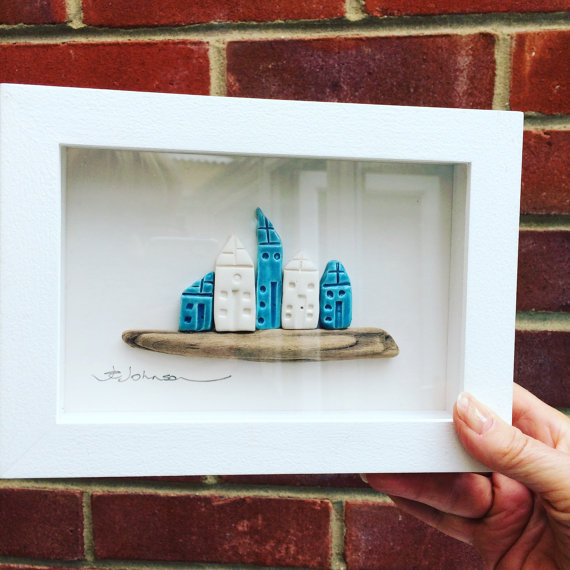 Ceramic Houses Picture - Higgledy Piggledy Houses. Turquoise and White