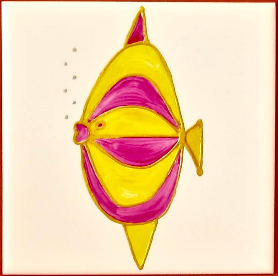 Hand Painted Pink & Gold fish, 15cm square ceramic tile