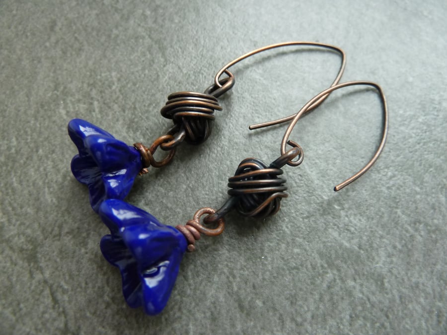 copper earrings, blue lampwork glass flowers