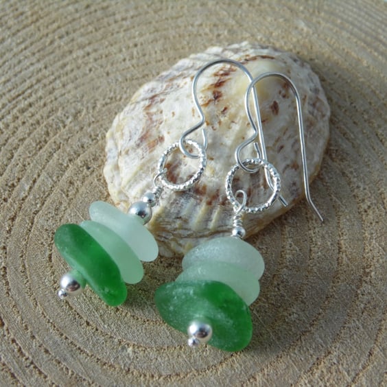 Bottle Green & Seafoam Marazion Sea Glass Stack Earrings, Sterling Silver E661