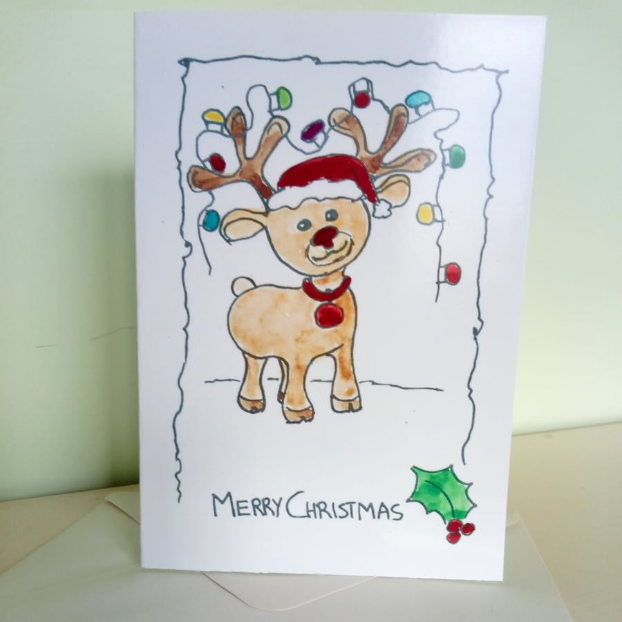 Rudolph Reindeer Christmas Card. Print of Original painting