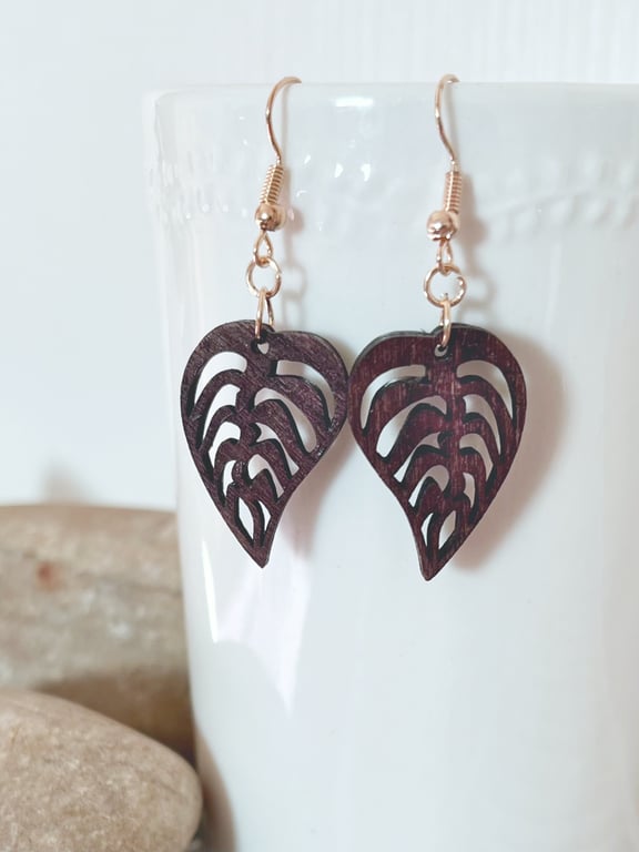 Monstera Leaf Drop earrings hand painted Walnut