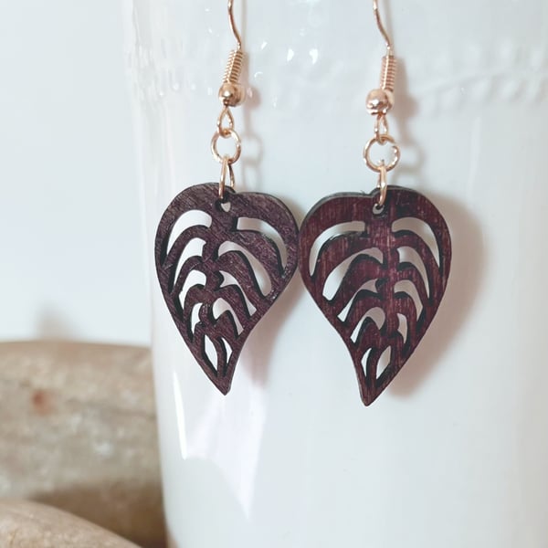 Monstera Leaf Drop earrings hand painted Walnut