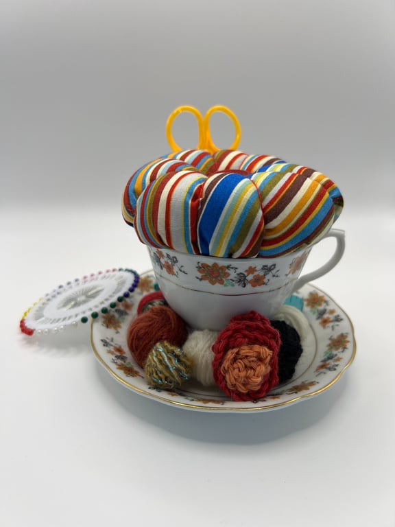 Vintage Teacup Pin Cushion and Sewing Set - Flowers and Stripes (1)