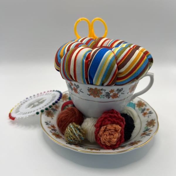 Vintage Teacup Pin Cushion and Sewing Set - Flowers and Stripes (1)