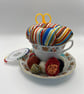 Vintage 'Flowers & Stripes' Teacup Pin Cushion & Sewing Set (No.1) - Image 1
