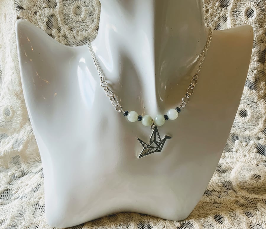 Origami Crane Bird Pendant Necklace.