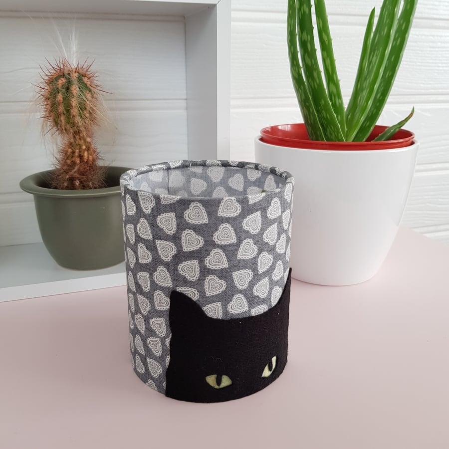 Black Cat Silhouette Lantern with LED candle (Heart Print Fabric)