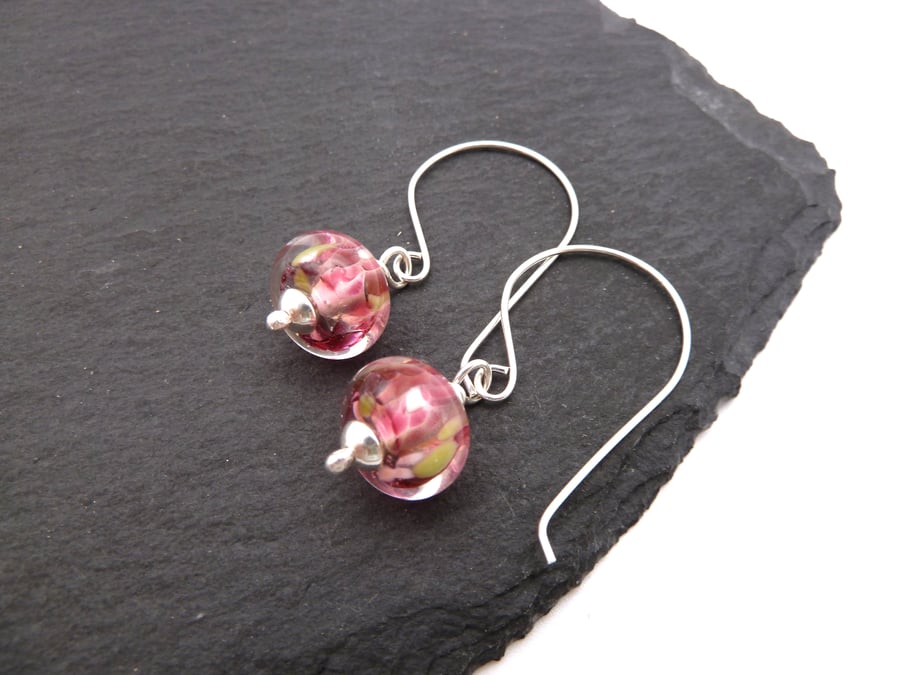 sterling silver earrings, pink lampwork glass jewellery