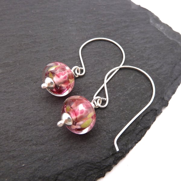 sterling silver earrings, pink lampwork glass jewellery