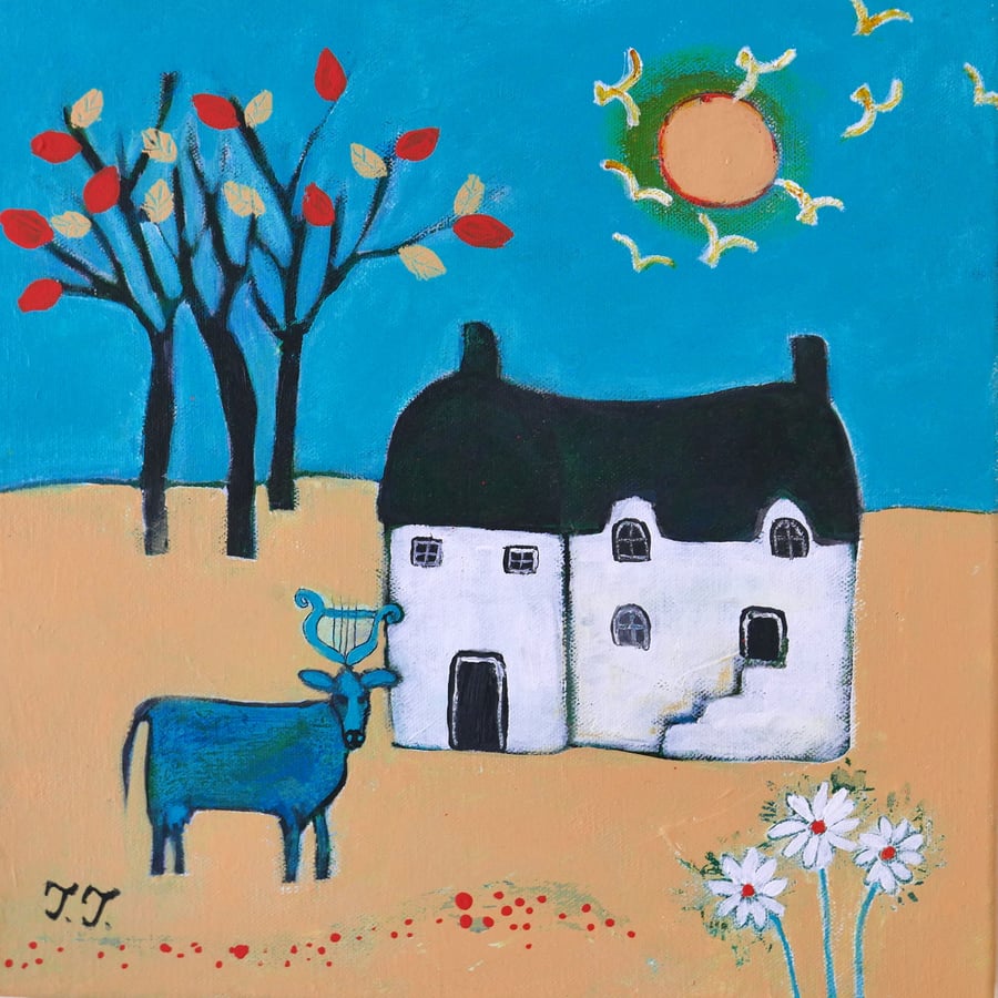 Surreal Landscape, Yellow and Turquoise Artwork, Countryside Painting