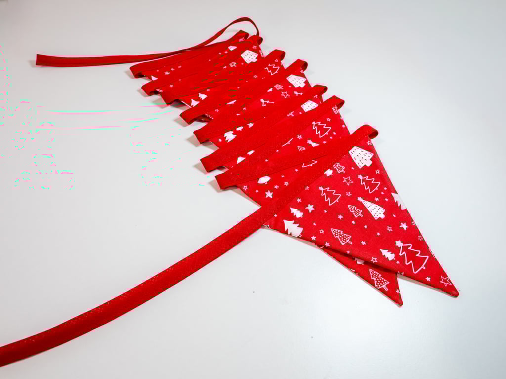 Red with White Christmas Trees - 12 or 15 flag fabric bunting