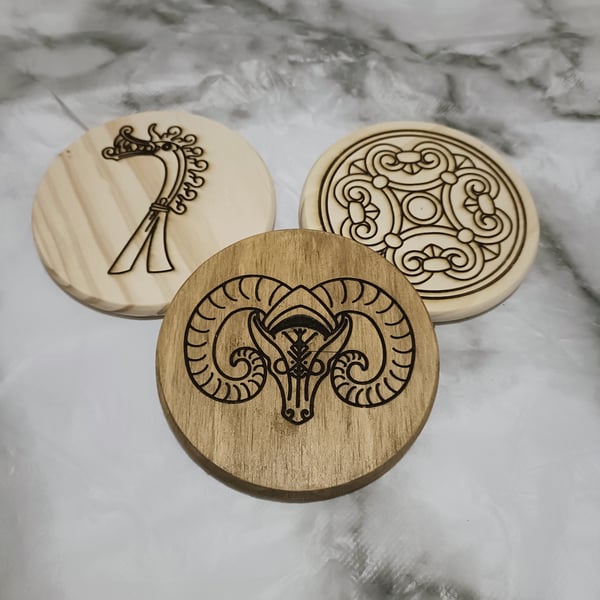 Set of 2 Fantasy Coasters, Viking Drink Coasters, Wooden Coasters, Game Coasters