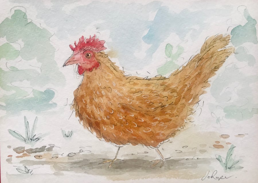 After the dust bath hen chicken Original painting Jo Roper
