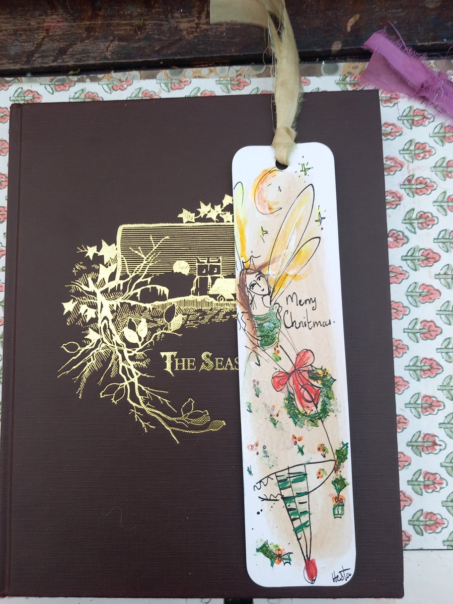  ' Merry  Christmas ' Hand drawn and painted bookmark with silk ribbon '
