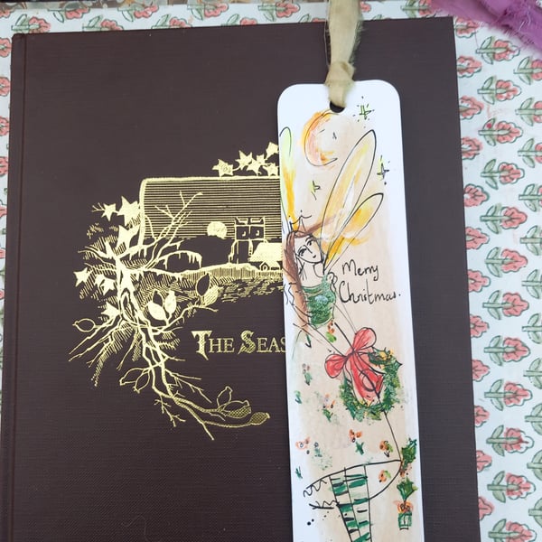  ' Merry  Christmas ' Hand drawn and painted bookmark with silk ribbon '