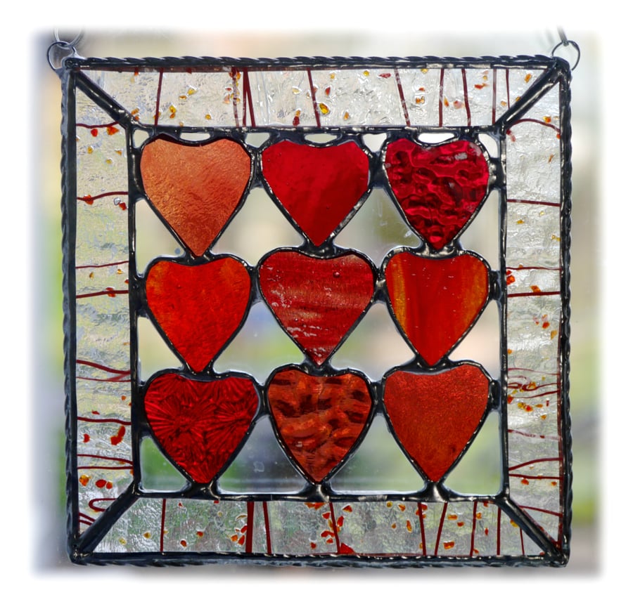 9 of Hearts Suncatcher Stained Glass Framed 013 Red