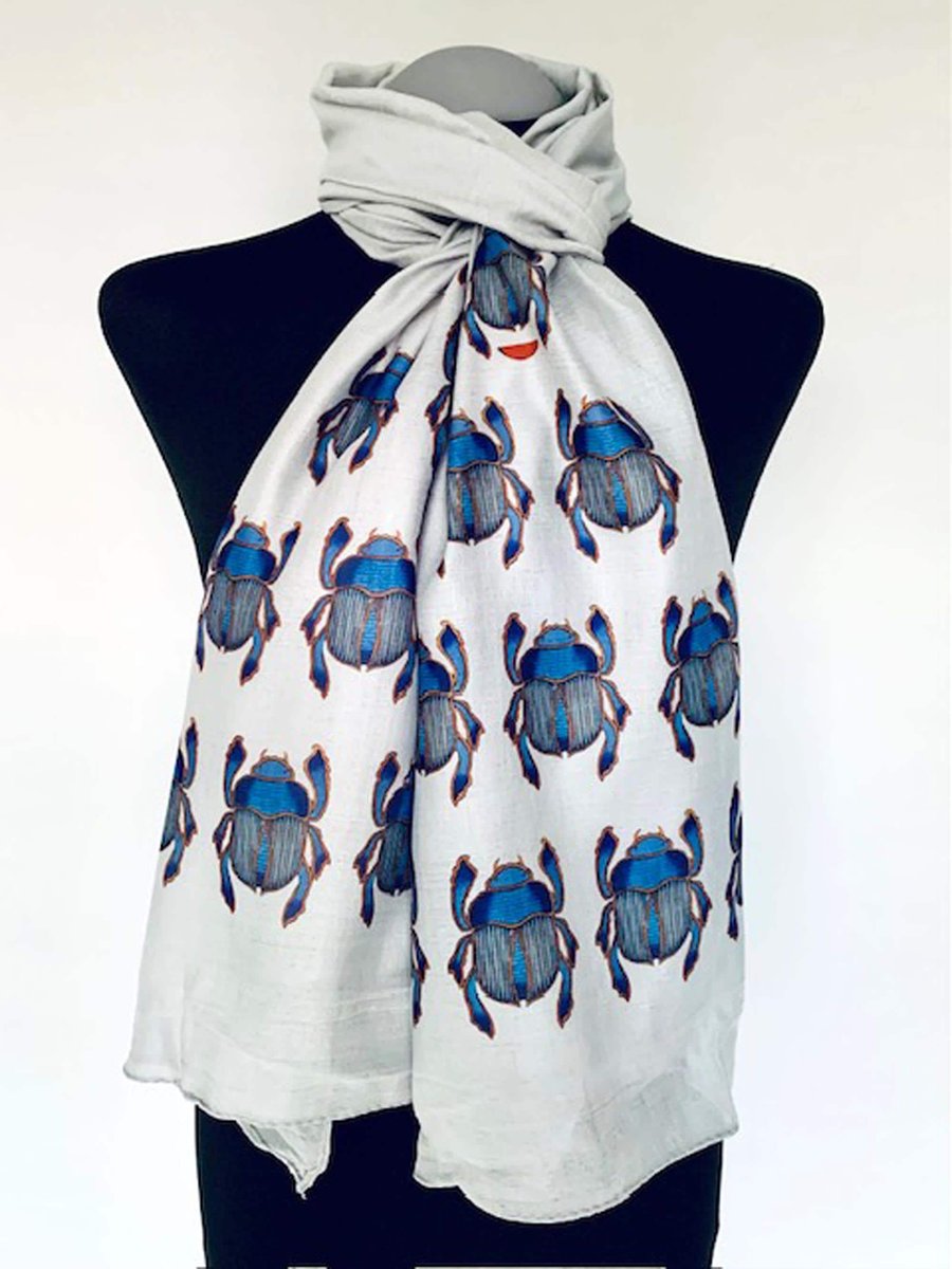 Egyptian Blue Scarab Scarf Spiritual Protection Gift. Grey. Lightweight