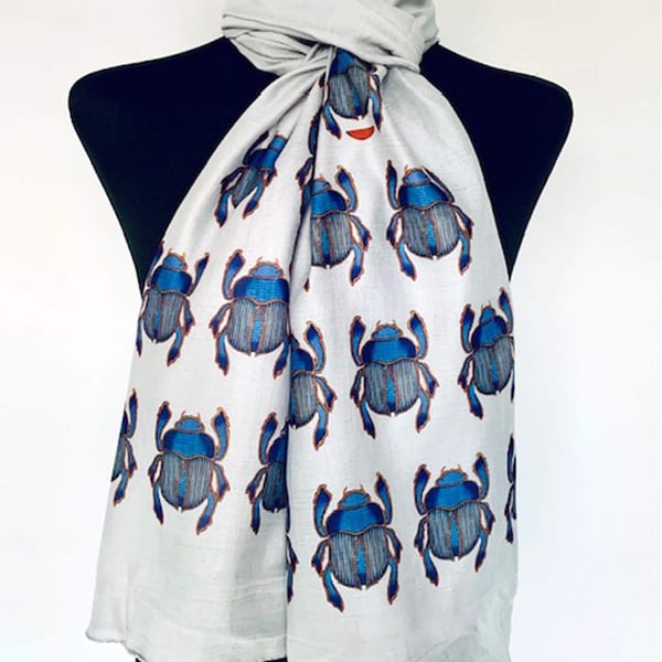 Egyptian Blue Scarab Scarf Spiritual Protection Gift. Grey. Lightweight