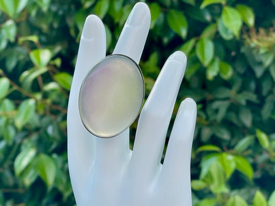 LARGE OPAL RING faux resin  chrome base adjustable 30 x 40