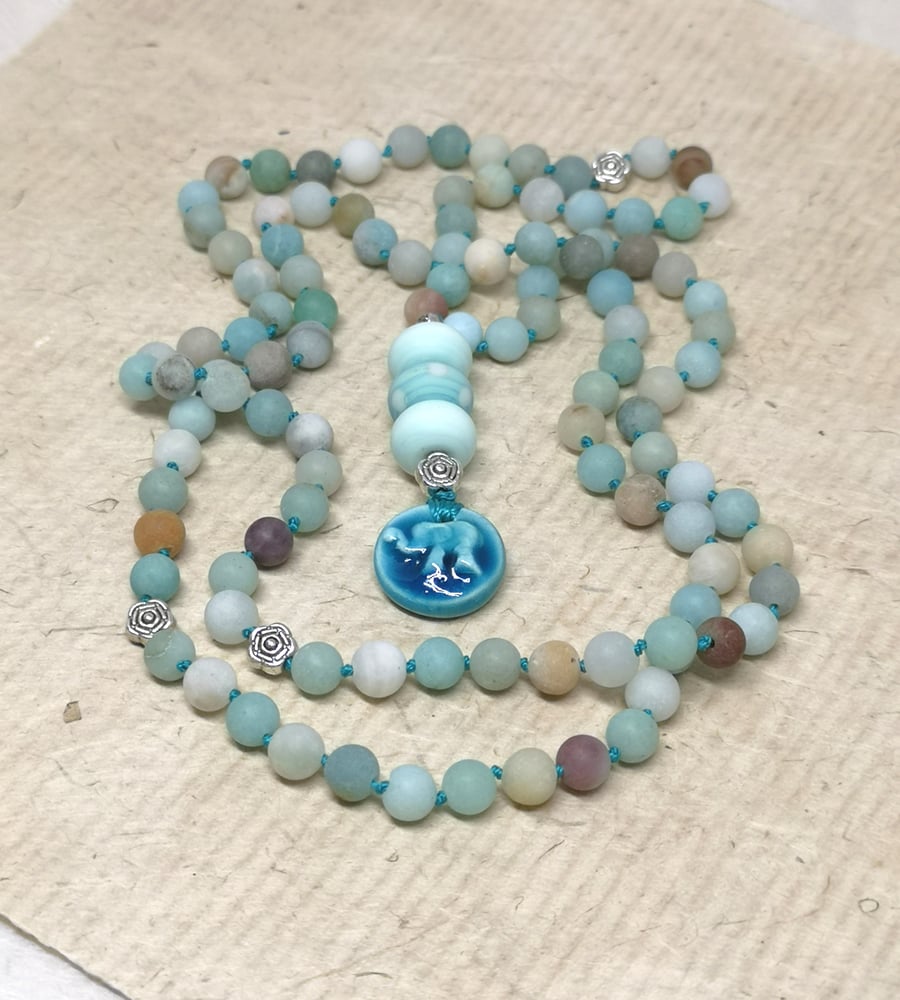Amazonite mala bead necklace with lamp work accent and elephant charm