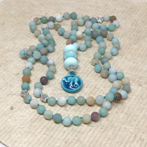 Amazonite mala bead necklace with lamp work accent and elephant charm