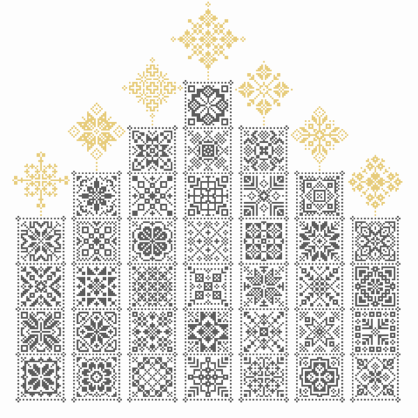 134B - Cross Stitch Quaker Sampler 7 Menorah Candles  Blackwork metallic thread