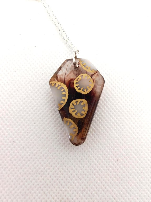 Tribal Resin Pendant Necklace: Earthy Aztec Design, Silver Plated Chain