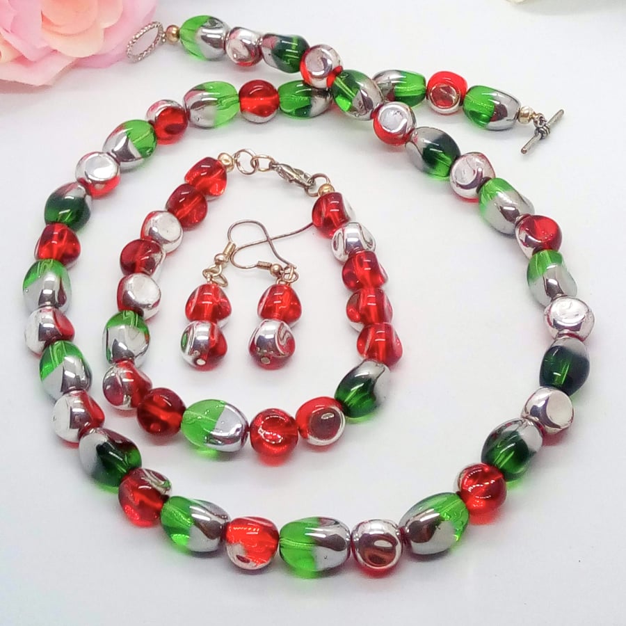 Beautiful Bundle, Red Green Electroplated Silver Glass Bead Jewellery Set