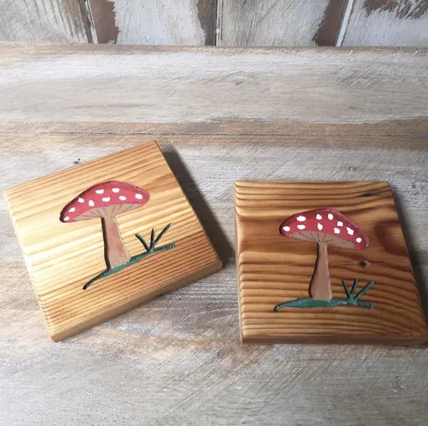 2 X Hand Made Wooden Mushroom Hand Routered Coasters